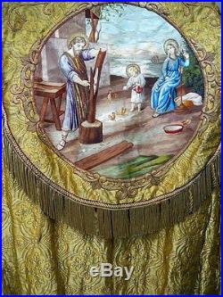 French antique religious cope chape embroidery brocaded gold HolyFamily 19th-cen
