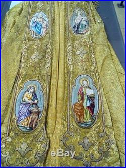 French antique religious cope chape embroidery brocaded gold HolyFamily 19th-cen