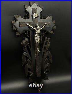French crucifix Wood metal Cross Antique Religious Wood 1870s Large Altar Rare