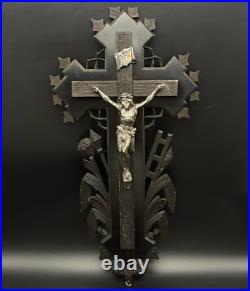 French crucifix Wood metal Cross Antique Religious Wood 1870s Large Altar Rare
