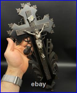 French crucifix Wood metal Cross Antique Religious Wood 1870s Large Altar Rare