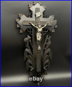 French crucifix Wood metal Cross Antique Religious Wood 1870s Large Altar Rare