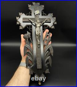 French crucifix Wood metal Cross Antique Religious Wood 1870s Large Altar Rare