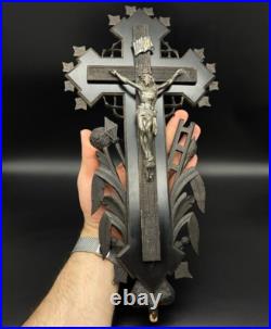 French crucifix Wood metal Cross Antique Religious Wood 1870s Large Altar Rare