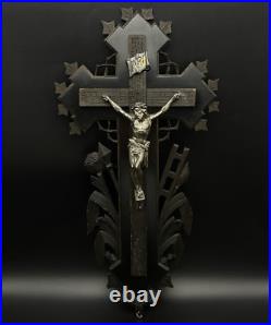 French crucifix Wood metal Cross Antique Religious Wood 1870s Large Altar Rare