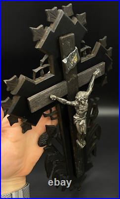 French crucifix Wood metal Cross Antique Religious Wood 1870s Large Altar Rare