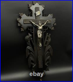 French crucifix Wood metal Cross Antique Religious Wood 1870s Large Altar Rare
