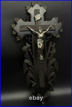 French crucifix Wood metal Cross Antique Religious Wood 1870s Large Altar Rare
