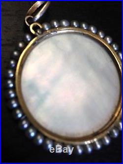 Gorgeous Antique 18K Yellow Gold and Mother of Pearl Virgin Religious Pendant