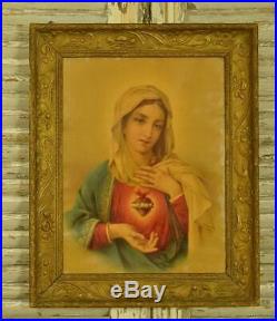 Gorgeous Antique French Religious Print, Mary & Sacred Heart, Art Nouveau Frame