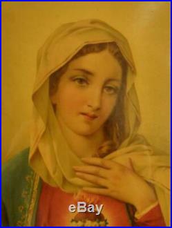 Gorgeous Antique French Religious Print, Mary & Sacred Heart, Art Nouveau Frame