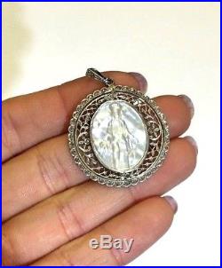 Gorgeous Antique Platinum Rose Cut Diamond Mother of Pearl Religious Pendant