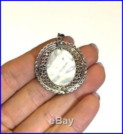 Gorgeous Antique Platinum Rose Cut Diamond Mother of Pearl Religious Pendant