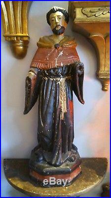 Gorgeous Antique Religious Spanish Wooden Santos In Polychrome 17 1/4 H/ 4 Lbs