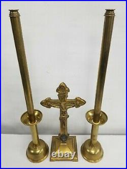 Great Brass Set Religious Altar Church Candlesticks Candelabra Crucifix Antique