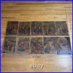Group Of 10 Antique Religious Images On Canvas 9 1/4x13 Jesus Carrying Cross