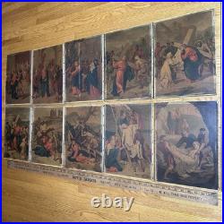 Group Of 10 Antique Religious Images On Canvas 9 1/4x13 Jesus Carrying Cross