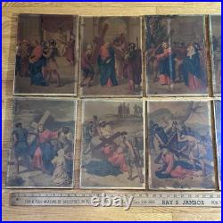 Group Of 10 Antique Religious Images On Canvas 9 1/4x13 Jesus Carrying Cross