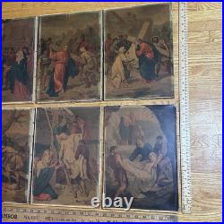 Group Of 10 Antique Religious Images On Canvas 9 1/4x13 Jesus Carrying Cross