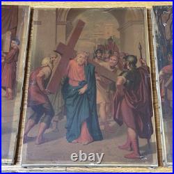 Group Of 10 Antique Religious Images On Canvas 9 1/4x13 Jesus Carrying Cross