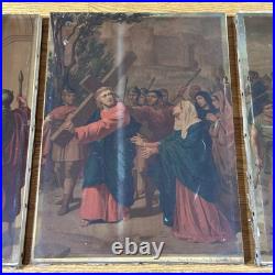 Group Of 10 Antique Religious Images On Canvas 9 1/4x13 Jesus Carrying Cross