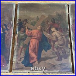 Group Of 10 Antique Religious Images On Canvas 9 1/4x13 Jesus Carrying Cross