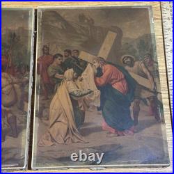 Group Of 10 Antique Religious Images On Canvas 9 1/4x13 Jesus Carrying Cross