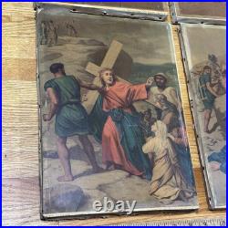 Group Of 10 Antique Religious Images On Canvas 9 1/4x13 Jesus Carrying Cross