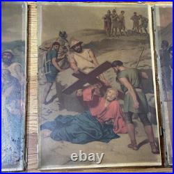 Group Of 10 Antique Religious Images On Canvas 9 1/4x13 Jesus Carrying Cross