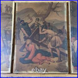 Group Of 10 Antique Religious Images On Canvas 9 1/4x13 Jesus Carrying Cross