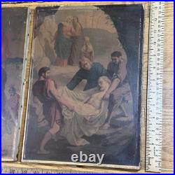 Group Of 10 Antique Religious Images On Canvas 9 1/4x13 Jesus Carrying Cross