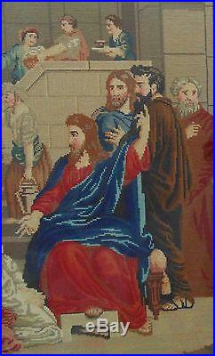 HUGE Antique Jesus Christ Needlepoint Religious Picture Wood Frame Needlework