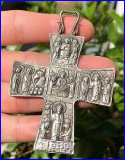 HUGE Antique Sterling Silver Repoussé Religious Scene Cross Pendant 3.25