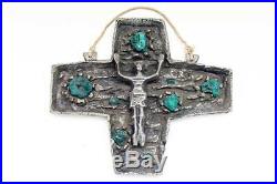 HUGE Rare BRUTALIST Stoneware malachite stones Crucifix cross religious christ