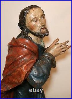 HUGE antique 1600's hand carved polychromed wood religious Jesus saint sculpture