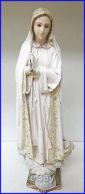 Hand Carved Madonna Virgin Mary Fatima Statue Icon Religious Antique Glass Eyes
