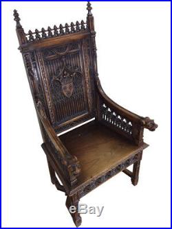 Handsome Antique French Gothic Throne Arm Chair, 19th Century, Oak, Religious
