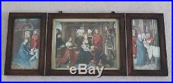 Heavy Antique Vintage Oak Framed Religious Triptych Shrine Icon Icons