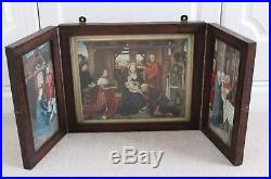 Heavy Antique Vintage Oak Framed Religious Triptych Shrine Icon Icons