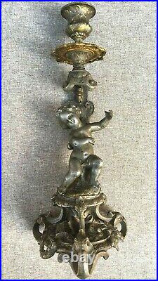 Heavy antique ffrench candlestick regule 19th century angel religious signed