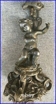 Heavy antique ffrench candlestick regule 19th century angel religious signed