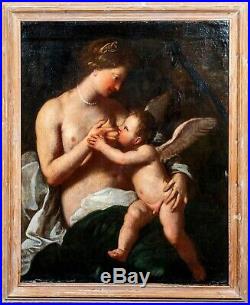 Huge 17th Century Italian Old Master Venus Nursing Cupid Antique Oil Painting