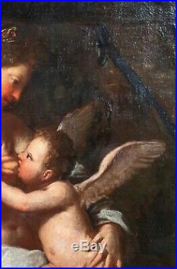 Huge 17th Century Italian Old Master Venus Nursing Cupid Antique Oil Painting