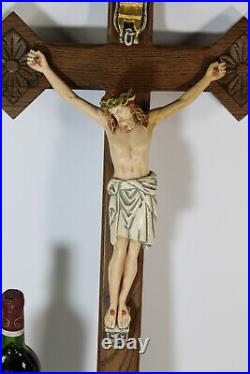 Huge 31.4 Antique french wood carved chalkware crucifix christ religious