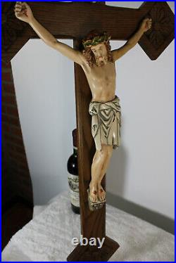 Huge 31.4 Antique french wood carved chalkware crucifix christ religious