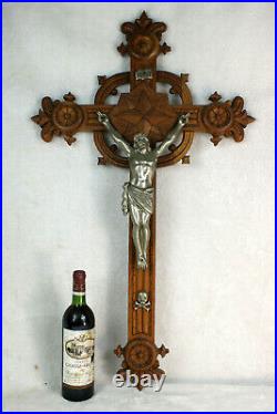 Huge French antique neo gothic wood carved altar church crucifix religious