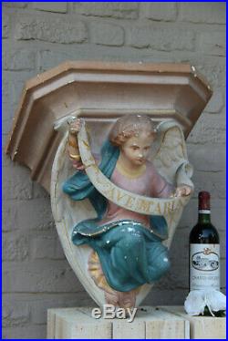 Huge Religious Church antique Plaster polychrome wall console angel
