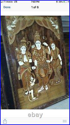 Huge Vintage India Wooden Wall Panel Carved / Inlaid Hindu Religious Art