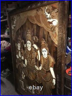 Huge Vintage India Wooden Wall Panel Carved / Inlaid Hindu Religious Art