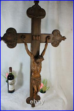 Huge XXL french antique jansenism wood carved crucifix christ Church religious